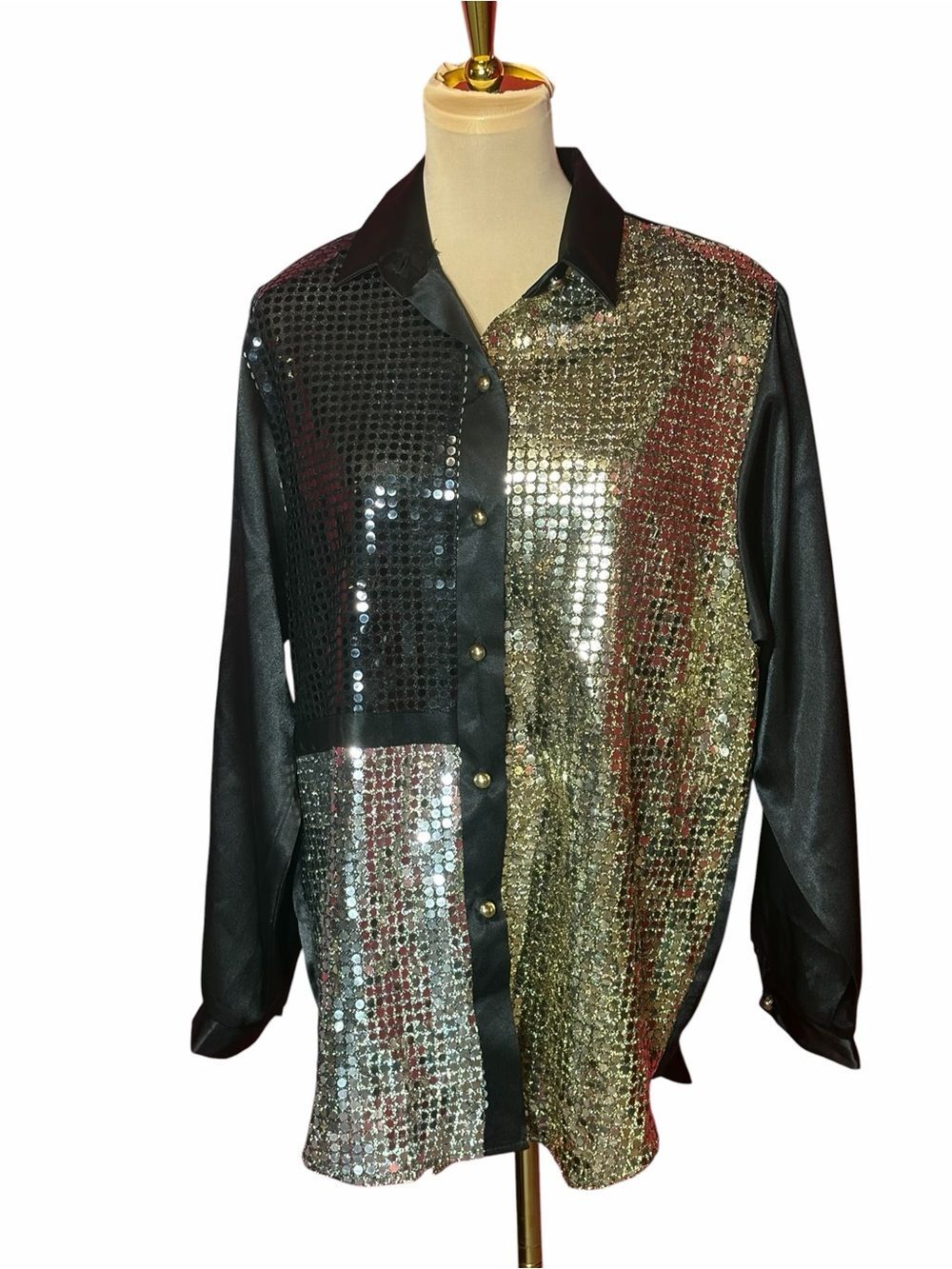 Silver Threads Black Gold Sequin Button Up Blouse Metallic Party Top Size 12